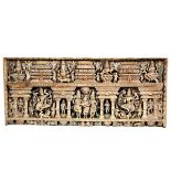 A Thai carved wood relief of seven Buddhas with attendants within temple arches, etc.