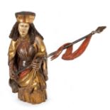 A 17th Century German carved limewood figure of St Florian with water bottle and later staff,