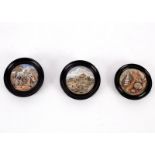 Three Prattware pot lids, Shells, Philadelphia Exhibition 1876 and The Village Wedding,