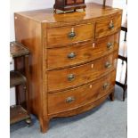 A Victorian mahogany and satinwood crossbanded bowfront chest of two short over three long drawers,