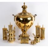 A brass two-handled samovar on a pedestal base, 76cm high,