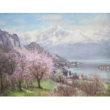 Maud Hall Neale (circa 1870-1950)/Mountain Landscape/with cherry trees in blossom to foreground/oil