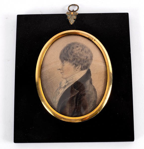 19th Century English School/Portrait Miniature of a Young Man in Profile/initialled/watercolour on