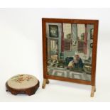 A Victorian circular footstool and a needlework fire screen