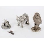 A silver model of an elephant, a mouse, a smaller mouse and a kingfisher,