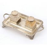 A partners' silver inkstand and pen tray, TB, London 1893, fitted two cut glass inkwells,