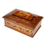 A Killarney marquetry workbox, the cover inlaid a vignette of Muckross Abbey,