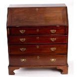 A George III mahogany bureau, handles replaced, 91.