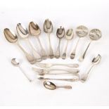 A quantity of silver flatware including a pair of Georgian fiddle and thread pattern table spoons,