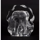 An etched glass signed paperweight depicting an elephant, by Mats Jonasson, 17.