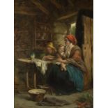 Charles Dukes (19th Century)/Mother and Children in a Cottage Interior/oil on canvas, 29cm x 21.