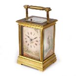 A French hour repeating carriage clock, inset with painted panels, decorated with birds,