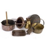 A copper funnel, various copper saucepans etc.