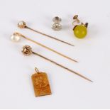A diamond and pearl stick pin with cluster terminal, two further stick pins etc.