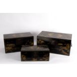 A set of three graduated Chinese gold and black lacquered boxes, sundry small picture easels,