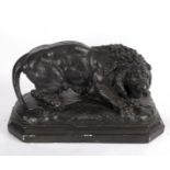 A blacked plaster figure of a lion, on rectangular plinth, impressed A Felix Bouré/Bruxelles,