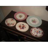 A Royal Crown Derby cabinet plate & another. 3 x teapot stands. (5)