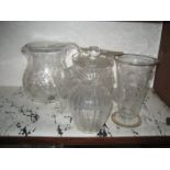 Glassware to include a celery vase and a jug
