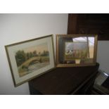 An early 20th century watercolour of a bridge and a hunt themed mirror picture (2)