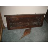 A copper over mantle in the Newlyn School style and a pair of copper bellows (2).