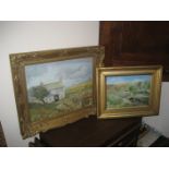 A 20th century oil on board of a rural scene & another (2)