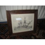 A framed print of HMS Victory in carved oak frame.