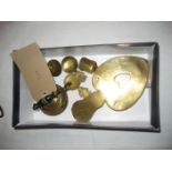 A brass trivet, various brass caddy spoons etc (1 x box)