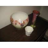 Staffordshire jardiniere, heather pottery vase etc (3)