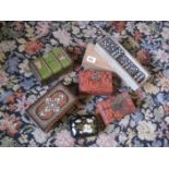 An early 20th century Macfarlane cabin trunk biscuit tin, a paper machine soap box, 2 domino sets
