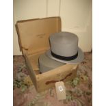 A gentlemen's grey top hat with another, 1 boxed with gloves (2).