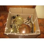 A collection of brassware to include shell case, scales, dinner gong etc. (1 box)