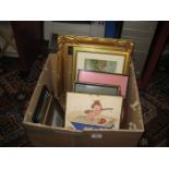 A box of prints etc. including a Mary Lucy Atwell bathroom print (qty).
