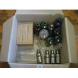 A blue poison bottle, other bottles, glass measure etc. (1 box)