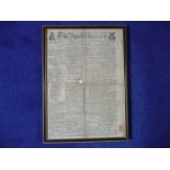 A framed The York Chronicle Newspaper front cover dated Feb 1792, Height 49cm, Width 35cm
