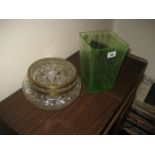 A modern green glass tapered square vase & a cut glass rose bowl