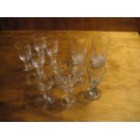 Five 19th hand blown cordial glasses, four modern cordial glasses and two cut glass beakers (11).