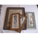A French windmill print, a pair of gilt framed lady prints & a plaque (4)
