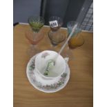 ROYAL DOULTON CUP AND SAUCER^ COLOURED GLASSWARE ETC