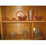 A COLLECTION OF COLOURED GLASSWARE ETC (CONTENTS OF 2 SHELVES)