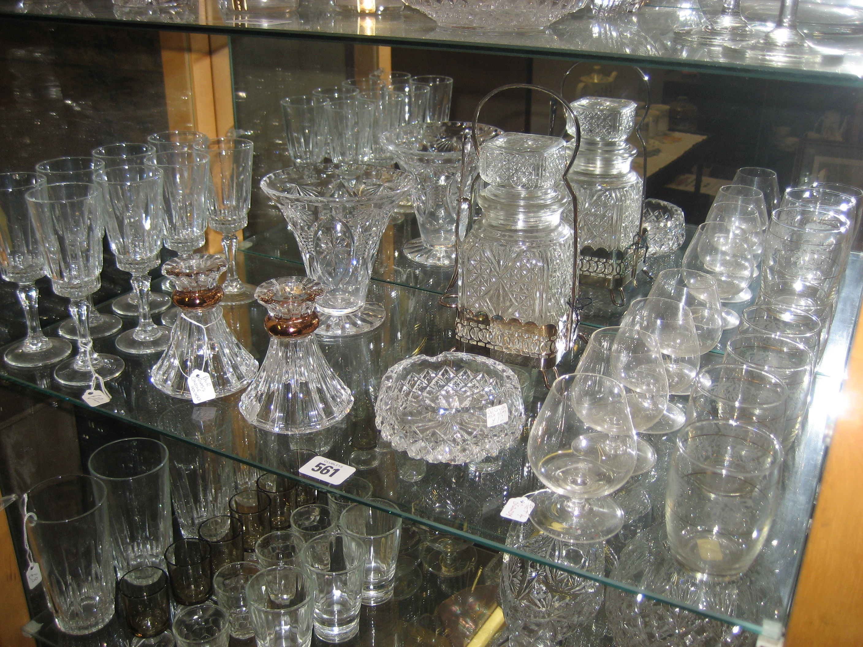 PAIR OF GLASS CANDLE HOLDERS^ CHAMPAGNE FLUTES ETC (CONTENTS OF SHELF)