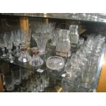 PAIR OF GLASS CANDLE HOLDERS^ CHAMPAGNE FLUTES ETC (CONTENTS OF SHELF)