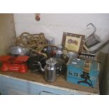LARGE COLLECTION OF KITCHEN ITEMS TO INCLUDE MINCER^ SCALES^ CARPET BEATER ETC (CONTENTS OF TOP OF A