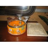 ORANGE GLASS SET^ WOODEN BOWL ETC