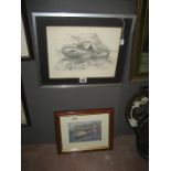 A FRAMED PENCIL DRAWING AND A PRINT OF WHITBY