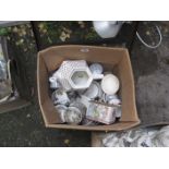 BOX OF ASSORTED CROCKERY AND TINS