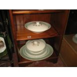 2 SUSIE COOPER LIDDED TUREENS^ DINNER PLATES AND MEAT PLATE (CONTENTS OF TWO SHELVES)