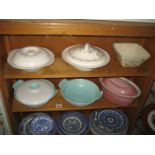 A POOLE LIDDED TUREEN ETC (CONTENTS OF 2 SHELVES)