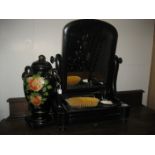 EBONISED TOILET MIRROR^ DRESSING TABLE SET & VASE