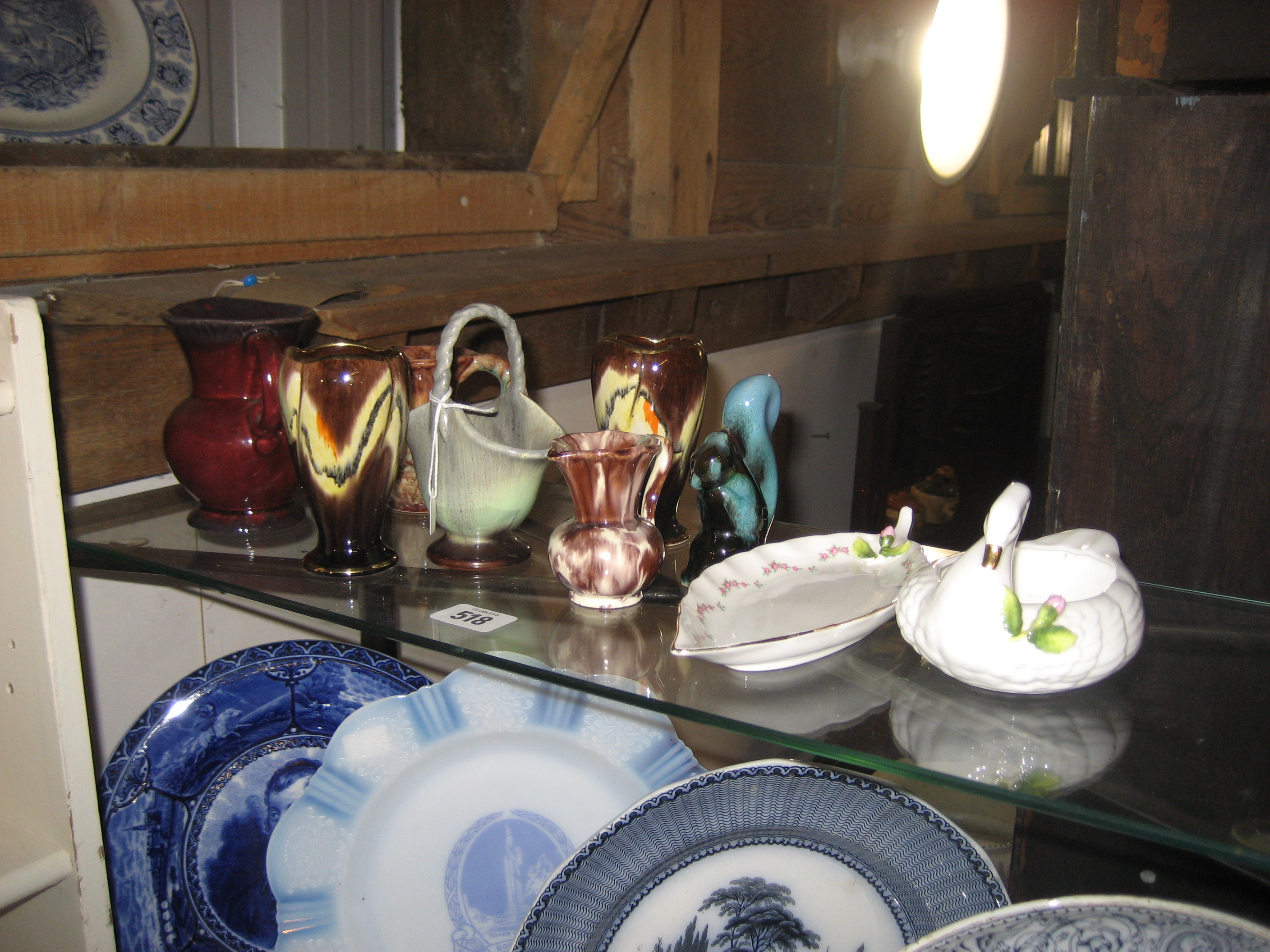 COLLECTION OF CHINA^ MINIATURE VASES ETC (CONTENTS OF SHELF)
