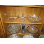 A COLLECTION OF GLASS BOWLS ETC (CONTENTS OF 2 SHELVES)